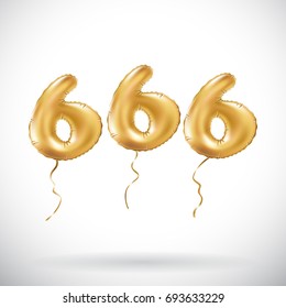 vector Golden number 666 six hundred sixty six metallic balloon. Party decoration golden balloons. Anniversary sign for happy holiday, celebration, birthday, carnival, new year.