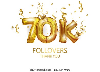 Vector Golden number 70 000 seventy thousand followers of the metal ball. Party decoration with 20-Karat gold balloons. Anniversary sign for a happy holiday, celebration, birthday, carnival, New year.