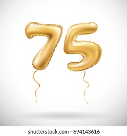 vector Golden number 75 seventy five metallic balloon. Party decoration golden balloons. Anniversary sign for happy holiday, celebration, birthday, carnival, new year. art