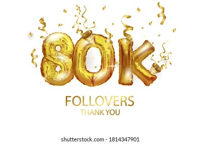 Vector Golden number 80 000 eighty thousand followers of the metal ball. Party decoration with 80-Karat gold balloons. Anniversary sign for a happy holiday, celebration, birthday, carnival, New year.
