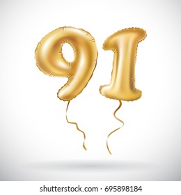 vector Golden number 91 ninety one metallic balloon. Party decoration golden balloons. Anniversary sign for happy holiday, celebration, birthday, carnival, new year. art