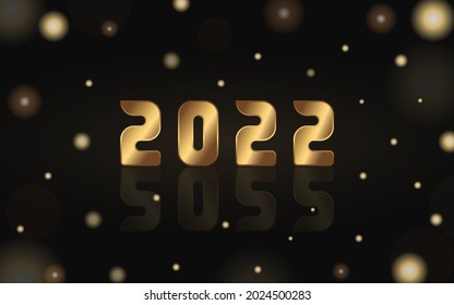 Vector golden numbers 2022 with reflection on the black background. Gold New Year collection for winter decor
