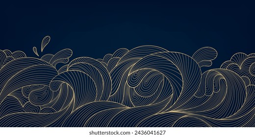 Vector golden ocean waves pattern. Japanese style background, abstract art sea, water ornament. Elegant banner luxury shape, landscape graphic