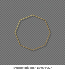 Vector golden octagon frame with glowing lights. Minimal decorative element for holiday design on transparent background.