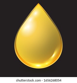 La gota de aceite dorado vectorial aislada sobre fondo negro. Ilustración realista 3D. Plantilla para publicidad petroquímica o de aceitunas.