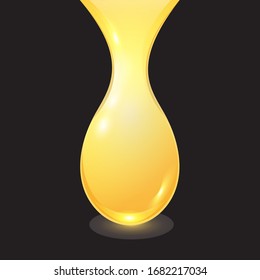 Vector golden oil or honey drop isolated on black background. 3D realistic illustration. Template for petrochemical, beekeeping or olive advertising.