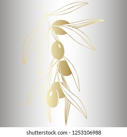 Vector Golden olive branch with golden leaves. Plant botanical garden floral foliage. Golden engraved ink art. Isolated olive illustration element on silver background