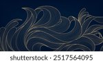 Vector golden on dark line wave background. Luxury abstract elegant flow Japanese illustration, premium sea curve template