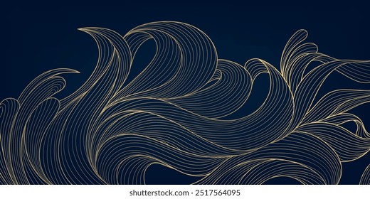 Vetor dourado no fundo de onda de linha escura. Luxo abstrato fluxo elegante ilustração japonesa, modelo de curva de mar premium