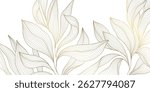 Vector golden on white line leaves pattern, luxury nature illustration, plant flower texture background. Boho foliage ornament, summer floral design, jungle banner