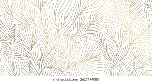 Vector golden on white line leaves pattern, luxury nature illustration, plant flower texture background. Boho foliage ornament, summer floral design, jungle banner