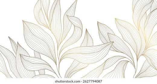 Vector dorado sobre patrón de hojas de línea blanca, ilustración de naturaleza de lujo, fondo de textura de flor de planta. Ornamento del follaje de Boho, diseño floral del verano, Anuncio de la selva
