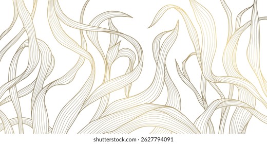 Vector dorado sobre patrón de hojas de línea blanca, ilustración de naturaleza de lujo, fondo de textura de flor de planta. Ornamento del follaje de Boho, diseño floral del verano, Anuncio de la selva