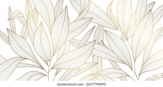 Vector dorado sobre patrón de hojas de línea blanca, ilustración de naturaleza de lujo, fondo de textura de flor de planta. Ornamento del follaje de Boho, diseño floral del verano, Anuncio de la selva