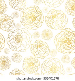 Vector Golden On White Peony Flowers Summer Seamless Pattern Background. Great for elegant gold texture fabric, cards, wedding invitations, wallpaper.