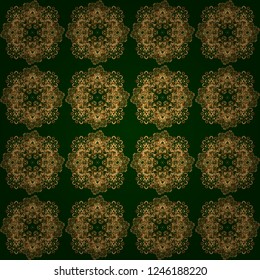 A vector golden ornament in east style. Design for the text, invitation cards, various printing editions. Seamless pattern with golden elements on a green background.