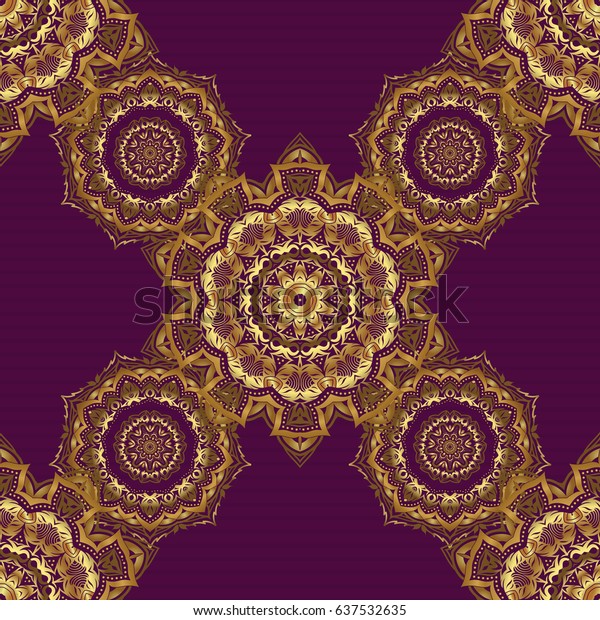 A vector golden\
ornament in east style. Design for the text, invitation cards,\
various printing editions. Seamless pattern with golden elements on\
a purple background.