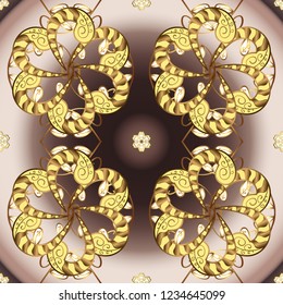 Vector golden ornamental pattern. Flat hand drawn vintage collection. Golden pattern on brown, beige and yellow colors with golden elements. Backdrop, fabric, gold wallpaper.