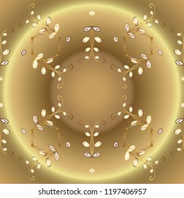 Vector golden ornamental pattern. Golden pattern on beige, neutral and brown colors with golden elements. Backdrop, fabric, gold wallpaper. Flat hand drawn vintage collection.