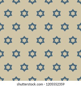 Vector golden ornamental seamless pattern. Simple blue and gold texture with linear stars, floral shapes. Abstract background in oriental style. Luxury repeat design for decoration, gift paper, cloth