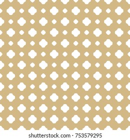 Vector golden ornamental seamless pattern with simple geometric figures, circles, crosses, floral shapes. Abstract gold and white texture. Minimalist luxury background. Repeat design for decor, prints