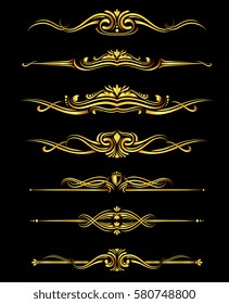 Vector golden ornate borders set black background. Decorative elements frame for page illustration