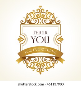 Vector golden ornate frame for thank you message. Floral ornament with gold ribbon. Luxury decor for design in Victorian style. Vintage oriental template.