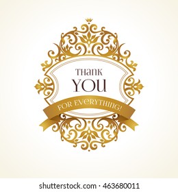 Vector golden ornate frame for thank you message. Floral ornament with gold ribbon. Luxury decor for design in Victorian style. Vintage oriental template.