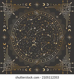 Vector golden outline celestial background with ornate geometric frame, magical circle with stars, zodiac constellations, moon phases, arrows and radial circles. Mystic linear square cover