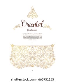 Vector golden outline elements, vignettes for design template. Luxury ornament in Eastern style. Premium floral illustration. Ornate decor, frame for invitations, cards, labels, badges, tags.