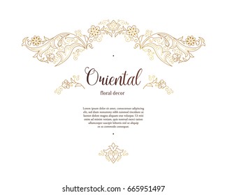 Vector golden outline elements, vignettes for design template. Luxury ornament in Eastern style. Premium floral illustration. Ornate decor, frame for invitations, cards, labels, badges, tags.