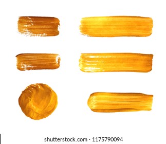 Vector Golden Paint Strokes, Realistic Design Elements Collection Isolated on White Background.