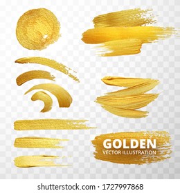 Vector golden paint strokes, stain set. Abstract golden sparkling textured art illustration. Vector