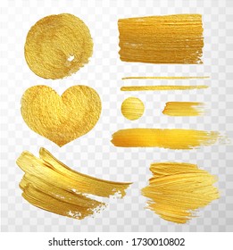 Vector golden paint strokes, stain set. Abstract golden sparkling textured art illustration. Vector	
