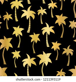 Vector golden palm trees summer seamless pattern background. Gold foil palm trees on black. Elegant luxurious design for tropical vacation, menu, cards, wedding invitations, wallpapers, summer party