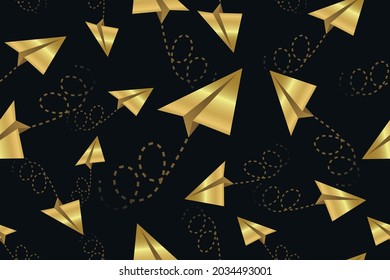 Vector Golden Paper Planes Seamless Pattern On Black Background. Fortuna Gold Color Of Realistic Flying Paper Planes On Black. Vector Seamless Pattern Background. Target, Aim, Purpose, Development.