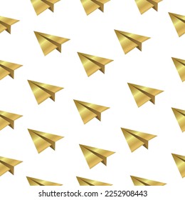 Vector golden paper planes seamless pattern on black background. Fortuna Gold color of realistic flying paper planes on black. Vector seamless pattern background. Target, aim, purpose, development.