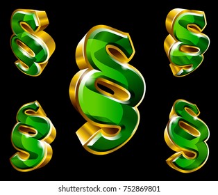 Vector golden paragraph sign in 3D style with different angles