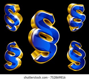 Vector golden paragraph sign in 3D style with different angles