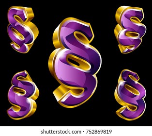 Vector golden paragraph sign in 3D style with different angles