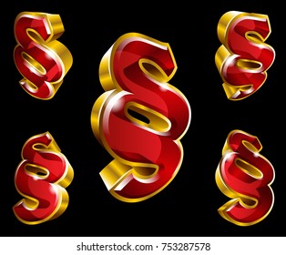 Vector golden paragraph sign in 3D style with different angles