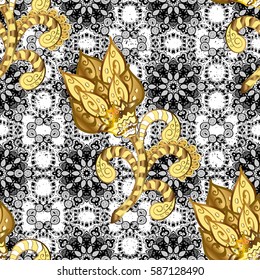 Vector golden pattern. Background with golden elements. Seamless golden textured curls. Oriental style arabesques. Vector illustration.