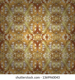 Vector golden pattern. Beige and yellow colors with gold elements. Seamless golden textured curls. Vector illustration. Oriental style arabesques.