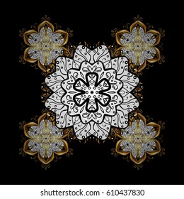 Vector golden pattern. Black background with golden elements. Oriental style arabesques. Vector illustration. Golden textured curls.