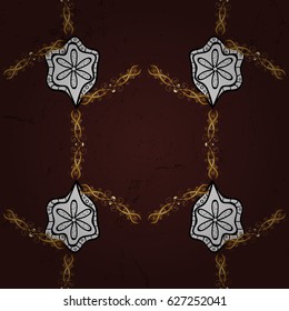 Vector golden pattern. Flat hand drawn vintage collection. Golden pattern on brown background with golden elements. Backdrop, fabric, gold wallpaper.