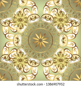 Vector golden pattern. Vector illustration. Neutral and yellow colors with gold elements. Oriental style arabesques. Seamless golden textured curls.