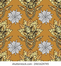 Vector golden pattern. Vector illustration. Oriental style arabesques. Seamless golden textured curls. Yellow, orange and gray colors with gold elements.