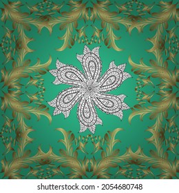 Vector golden pattern. Vector illustration. Seamless golden textured curls. Oriental style arabesques. Green, neutral and yellow colors with gold elements.