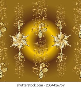 Vector golden pattern. Vector illustration. Seamless golden textured curls. Brown, beige and yellow colors with gold elements. Oriental style arabesques.