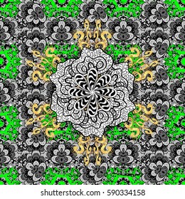 Vector golden pattern. Vector illustration. Seamless golden textured curls. Green background with golden elements. Oriental style arabesques.